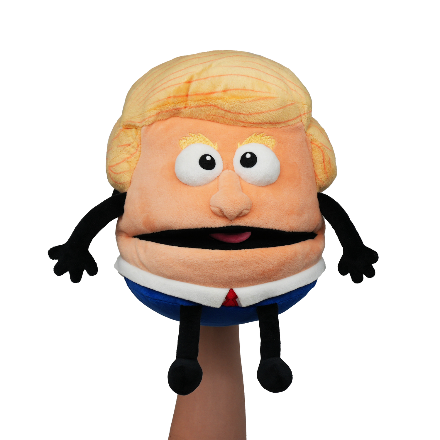 Plush toy resembling a caricatured of Trump on a white background